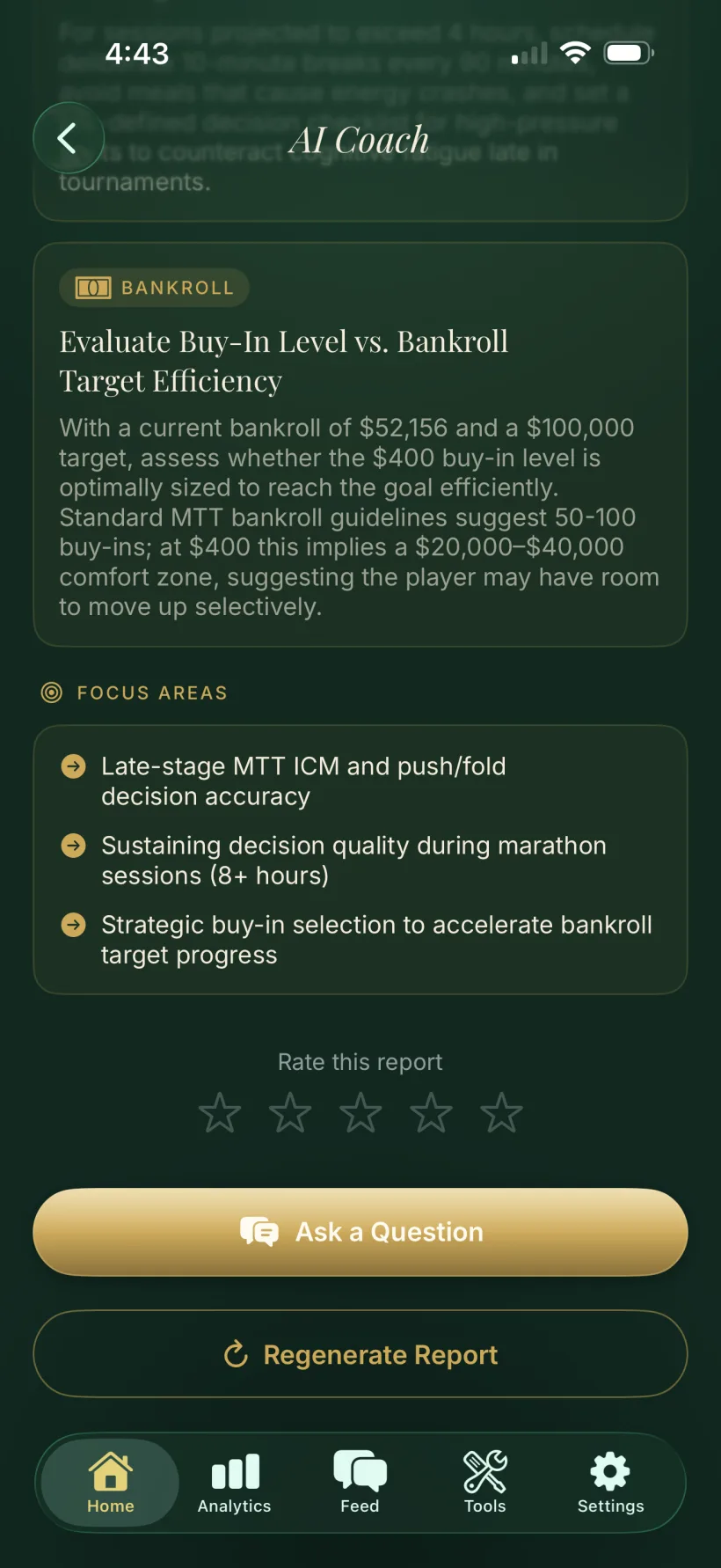 A coaching report's buy-in efficiency analysis, focus areas and ask-a-question prompt