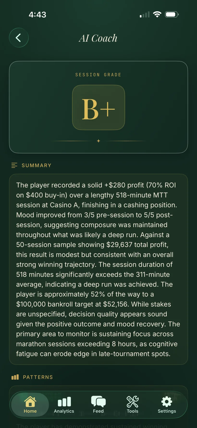 A FeltIQ AI coaching report graded B+ with a written summary of the session