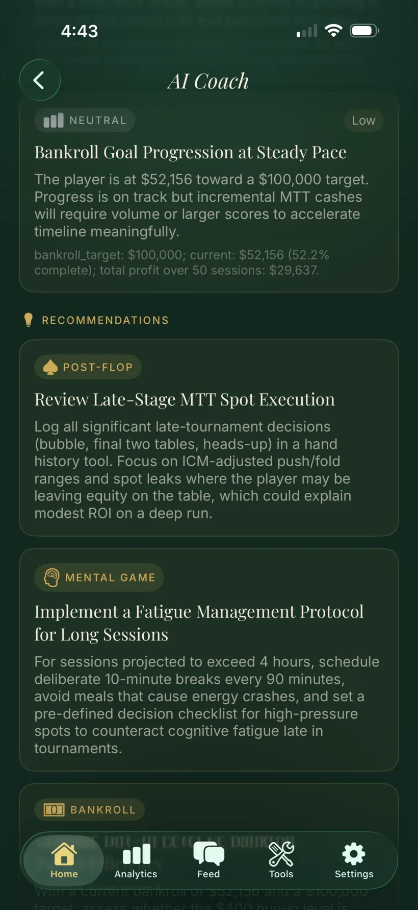 Ranked AI coaching recommendations across post-flop and mental game