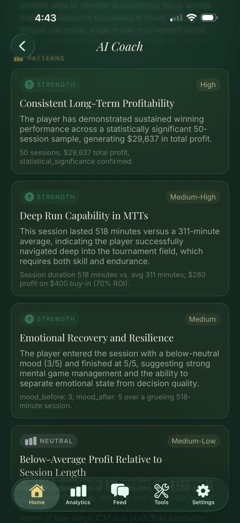 The coaching report's strength patterns — long-term profitability and deep runs