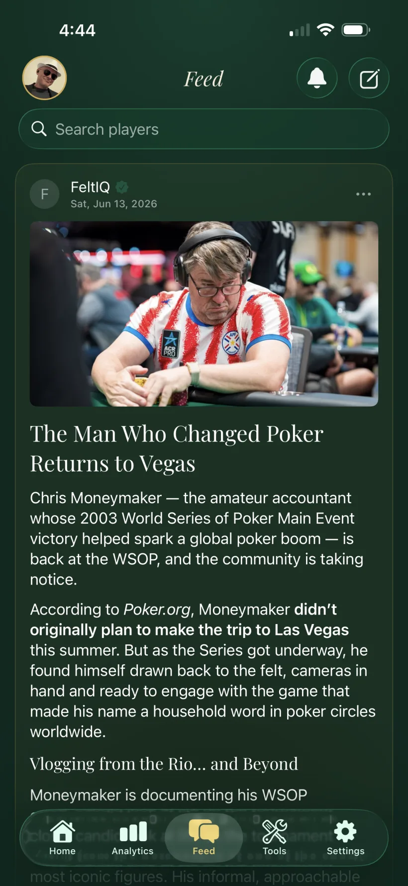 The FeltIQ social feed with curated poker news and session recap posts