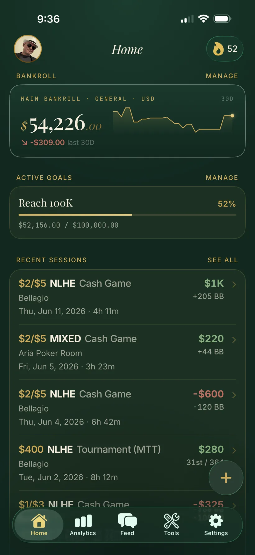 The FeltIQ home screen with bankroll, active goal and recent sessions