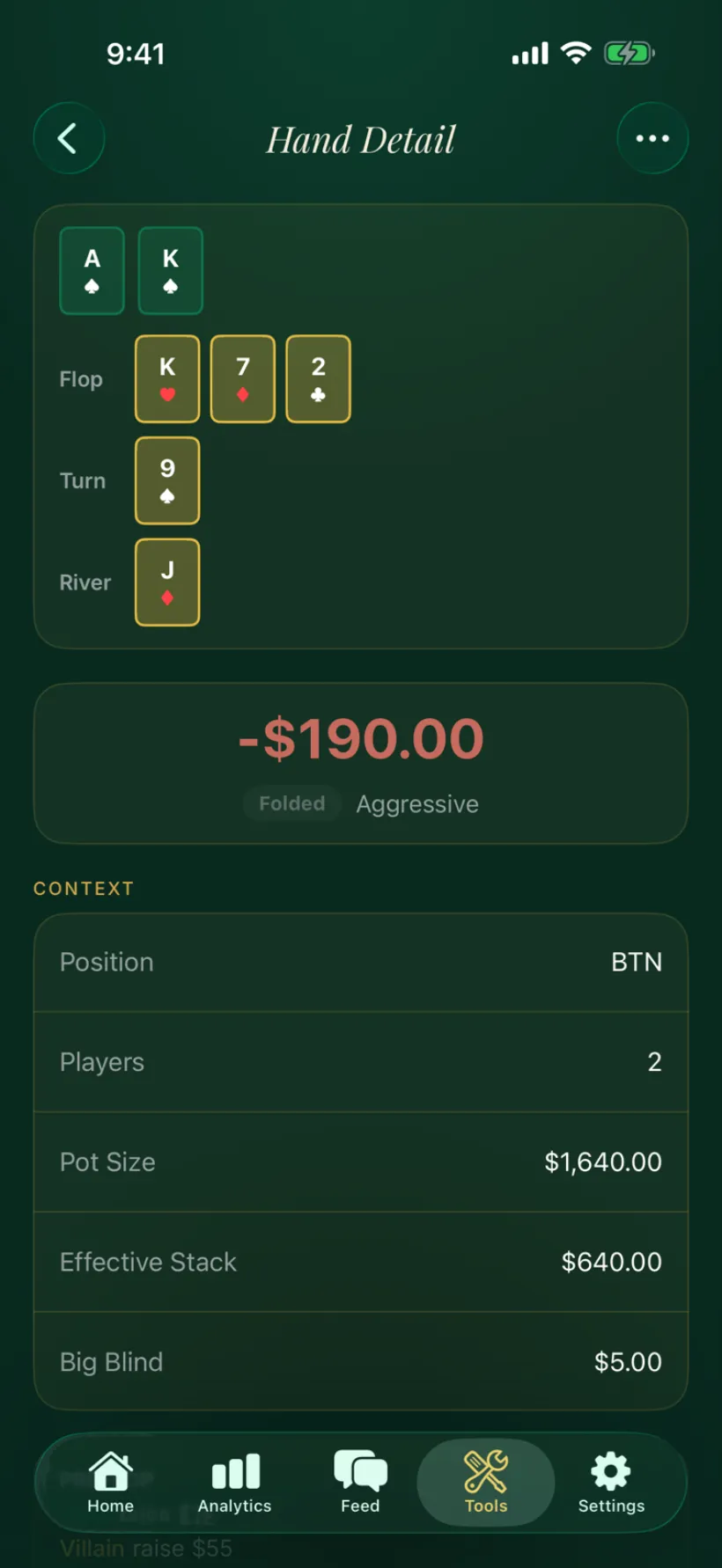 The FeltIQ hand detail showing hole cards, the full board, the result and the table context