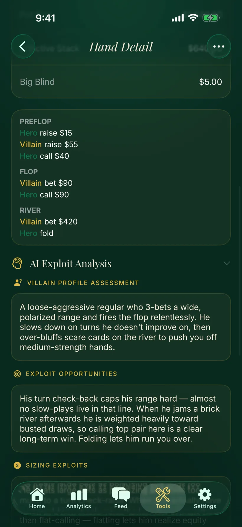 The FeltIQ hand detail showing every preflop, flop, turn and river action with sizing