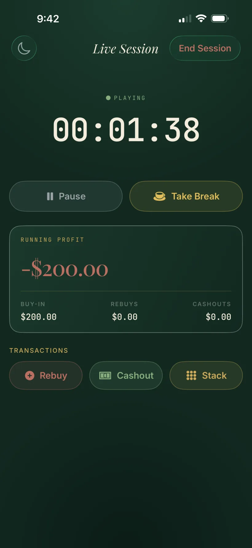 A live FeltIQ session with a running timer, elapsed time and current profit