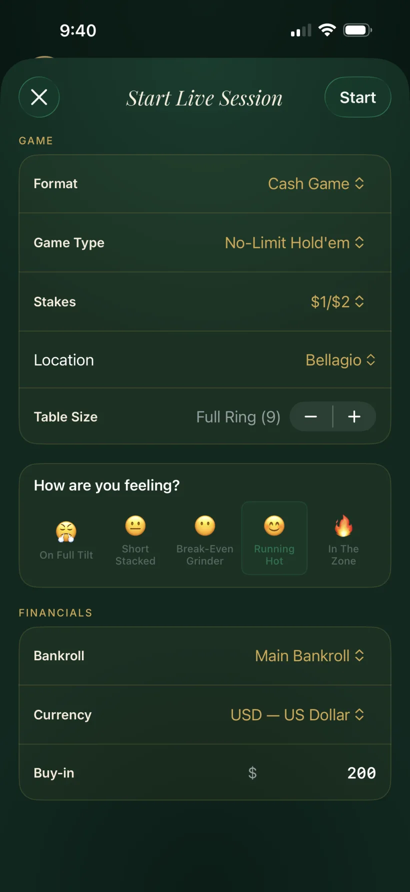 Starting a live FeltIQ session — game, stakes, mood and buy-in