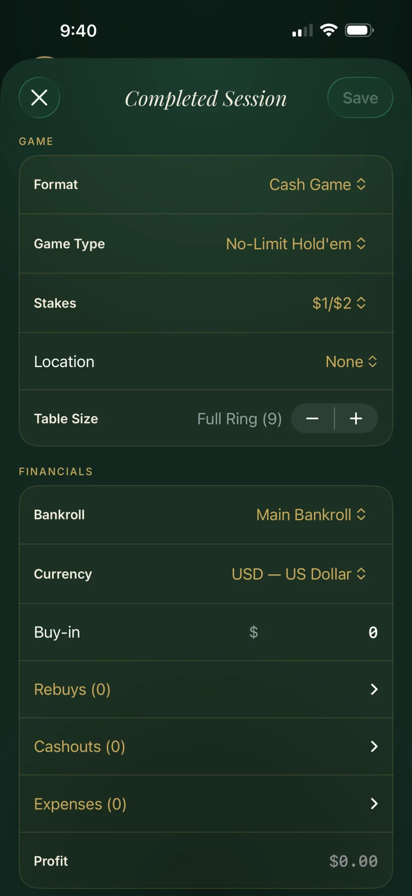 The FeltIQ add-completed-session form with stakes, location, buy-in and cash-out