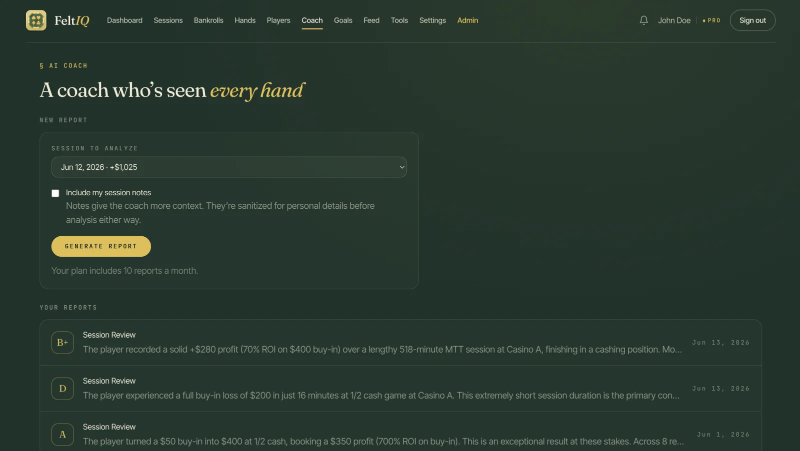The FeltIQ AI Coach on the web — pick a session, generate a report, and browse past graded reviews