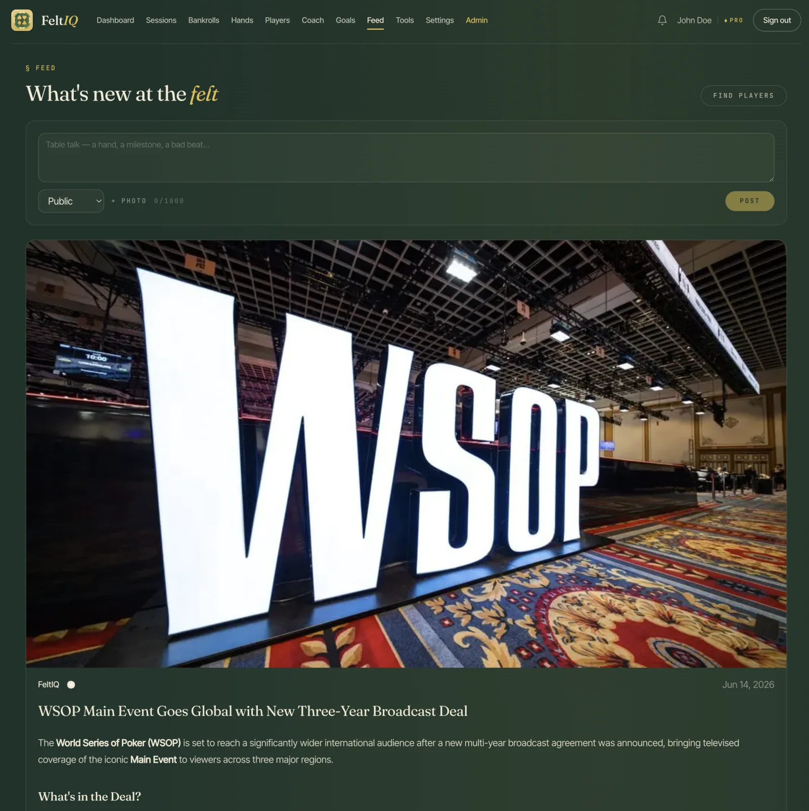 Curated poker news in the FeltIQ web feed — an official WSOP broadcast-deal story