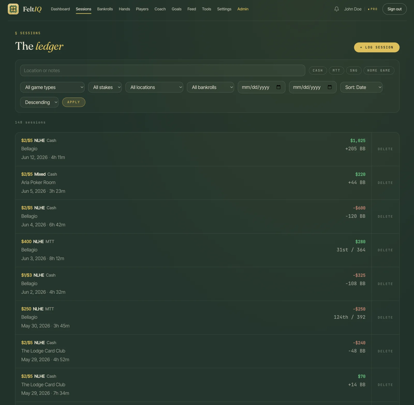 The same FeltIQ session ledger on the web, with filters by game type, stakes and location